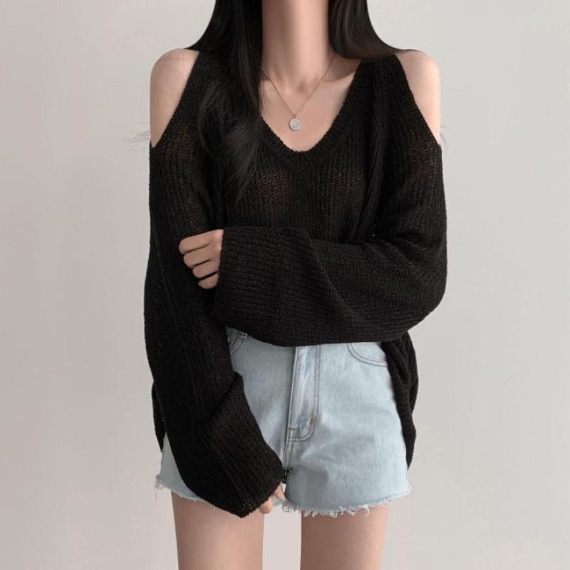 Chic Loose V-neck Off Shoulder Casual Knitted Pullovers Women Summer Thin Long Sleeve Knitwear Women Solid Elegant Fashion Sweater Woman Clothes 26587