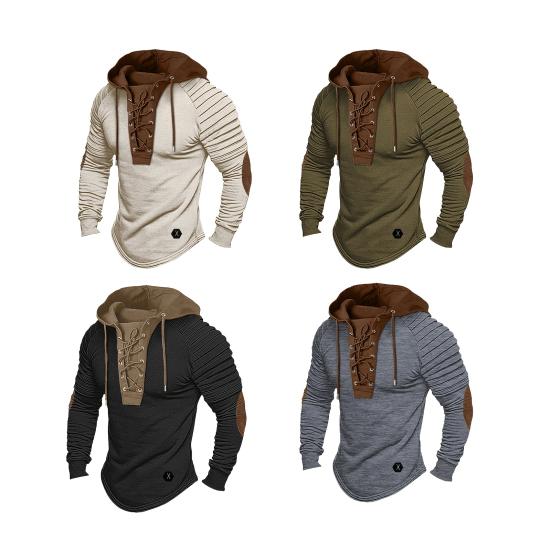 Men Spring Hoodie Pleated Shoulder Colorblock Drawstring Hooded Top Long Sleeve Pullover Lace-up Retro Daily Sport Hoodie