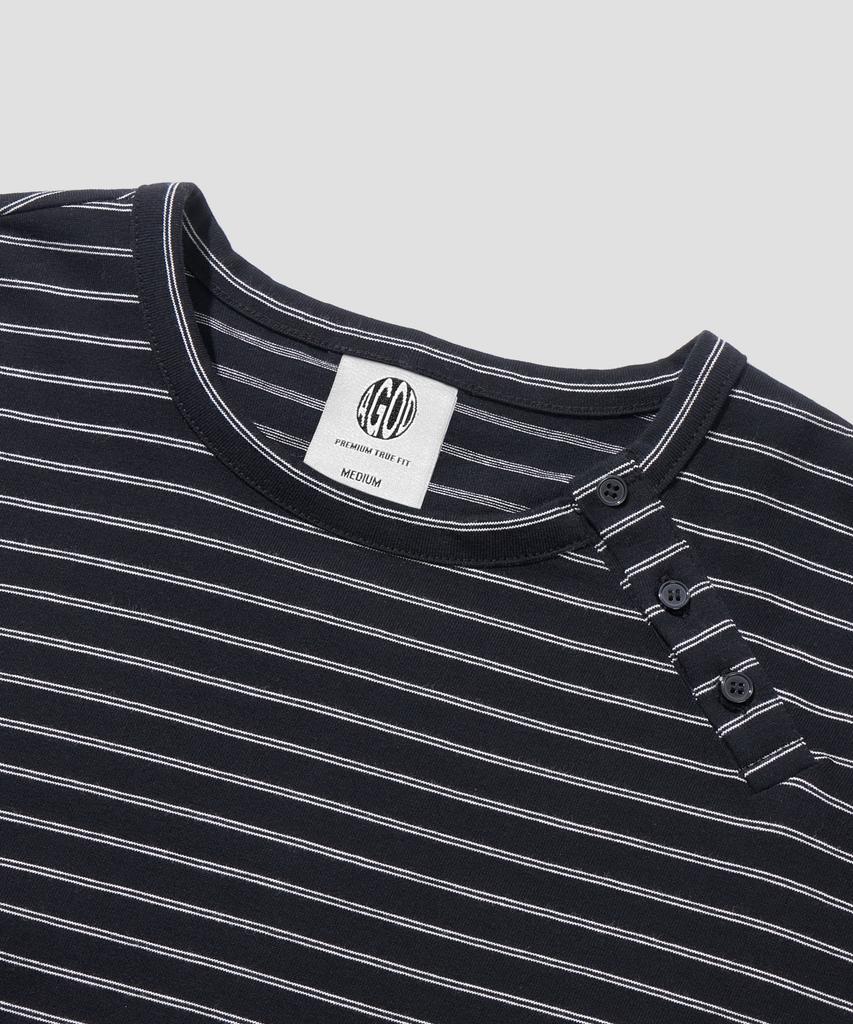 AGOD Camicia Henley con Bottoni Laterali a Righe Manica Lunga [Nero]