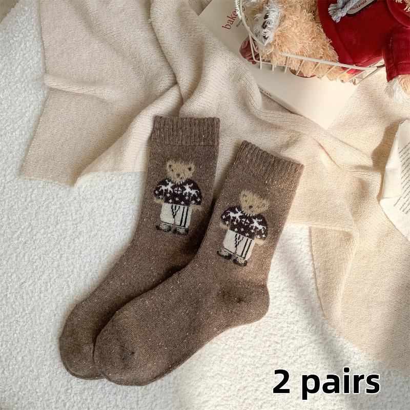 2/5Pairs Cartoon Cute Little Bear Mid-Calf Socks For Women Fashion Autumn And Winter Thickened Warm Socks Christmas Gifts