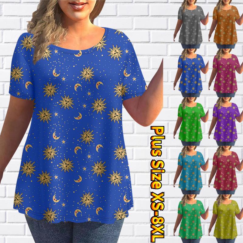 Casual Crew Neck Graphic Tees For Women Summer Cute Moon Print Short Sleeve T-Shirt Tops