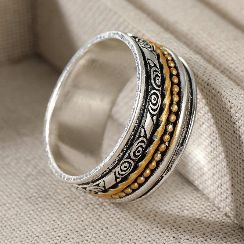 Vintage Hand Carved Geometry Women's Ring Two Color Metal Geometry Daily Wear Party Jewelry Anniversary Gift
