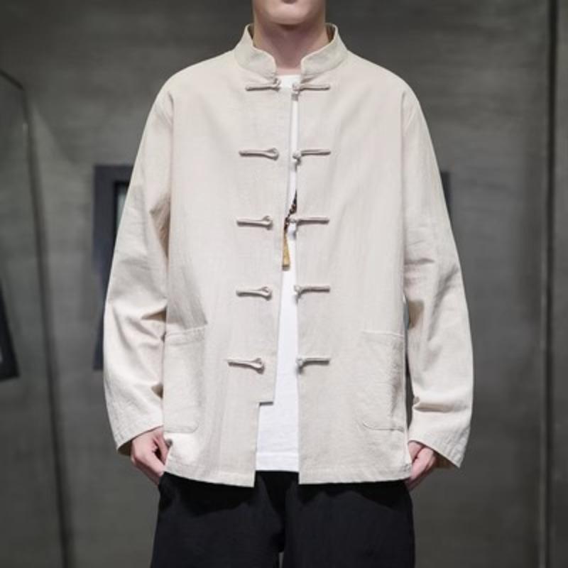 Black White Chinese Shirt Man Linen Tang Suit Spring Autumn Long Sleeve Kung Fu Shirt Traditional Men Blouses