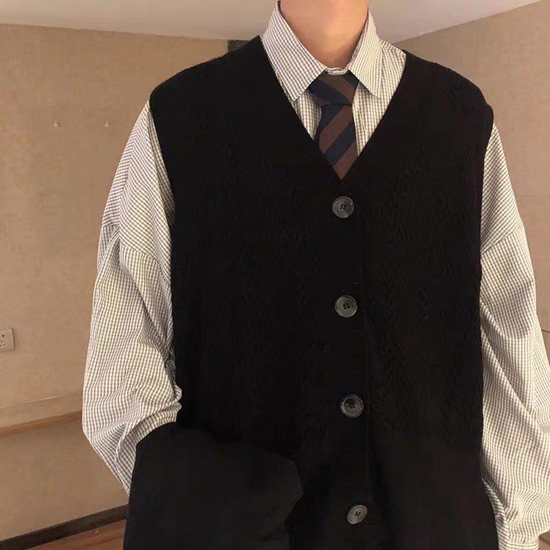 

Мужской вязаный жилет-кардиган без рукавов в стиле ретро - ленивая японская осень XL чёрный