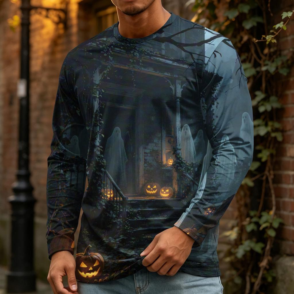 Men's Halloween Print Crewneck Long Sleeve T-Shirt for Casual Wear