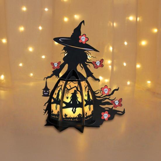 Halloween Witch Lantern 3D Spooky Lantern Light-up Table Centerpiece Gothic Bat Skull Witch Lamp for Home Mantel Entryway Tabletop Decoration