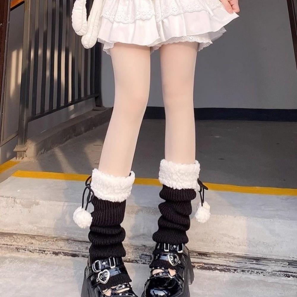 1pair Solid Color Knitted Leg Warmers Warm Winter Foot Cover Cute Mid-Calf Length Socks Girl