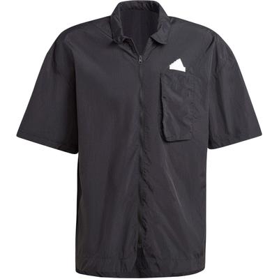 Logo Embroidered Zip-Up Short Sleeve Shirt Men Tops Black IR5188