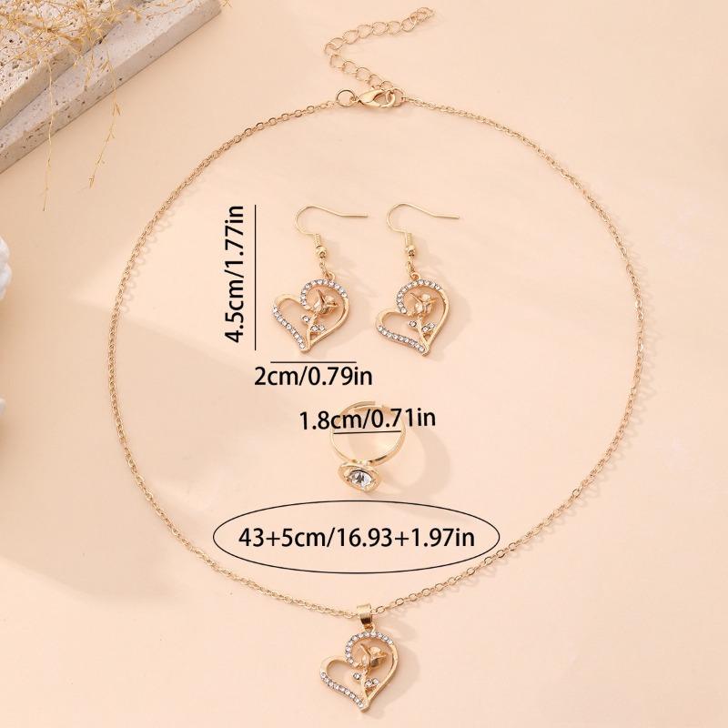 Leichter Luxus Herz Rose Schmuckset Diamantbesetzte Halskette Ohrringe Ring Dreiteiliges Set Für Europäische Amerikanische Frauen Täglich Party Hochzeit Dating