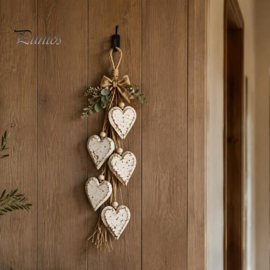 Decorative Living Room Art Farmhouse Hanging Heart Wall Decor with 5 Layer Wooden Hearts, Vintage Boho Wood Natural Accent Trinket Shelf for Bedroom,