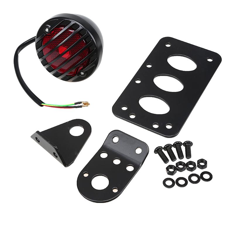 Universal Motorcycle LED Tail Brake Light Side Mount License Plate Bracket Vintage Round Grille Rear Stop Lamp for Harley Sportster Bobber