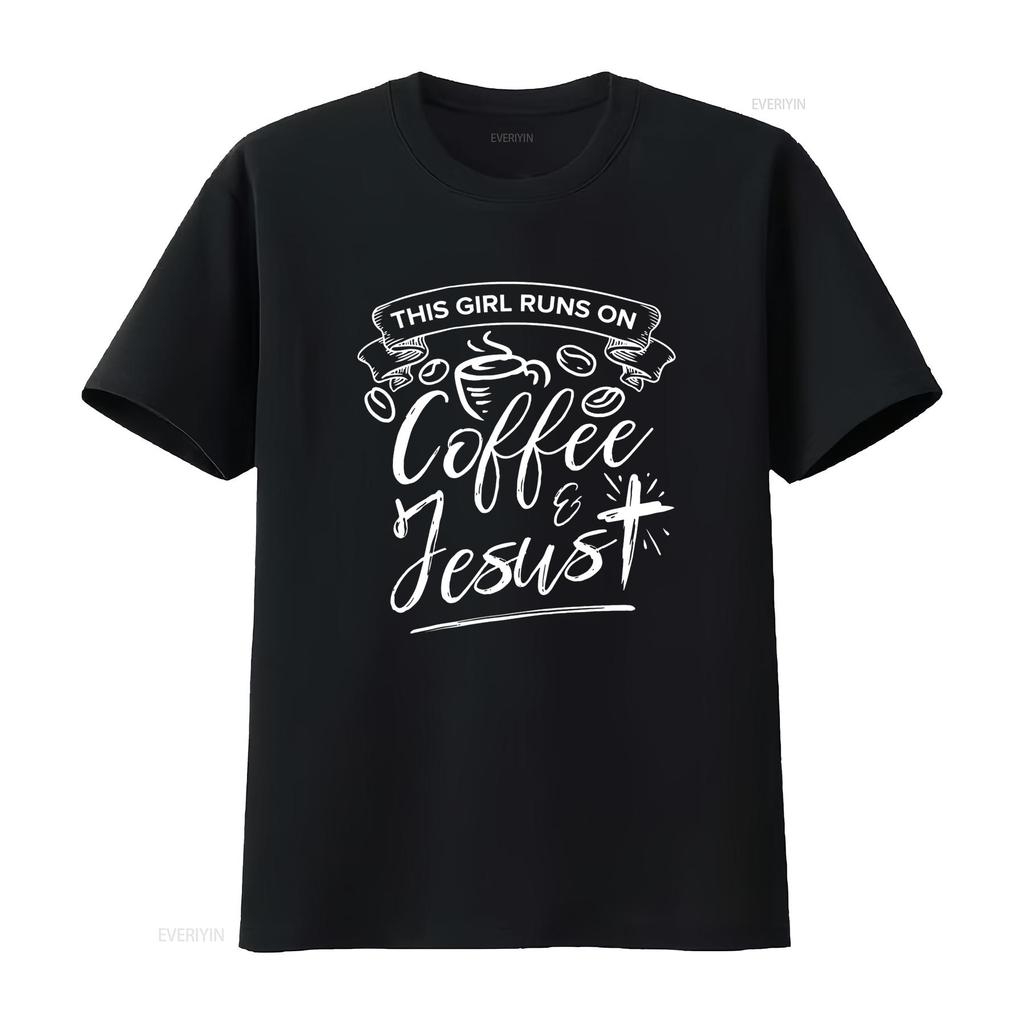 This Girl Runs On Coffee And Jesus T Shirt Faith Lover  vintage Washed Comfortable Top For Everyday Wear Casual Stretched