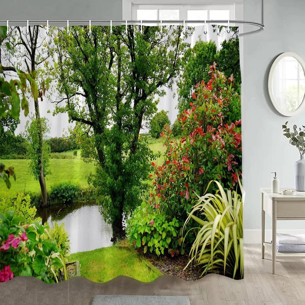Forest Shower Curtains Sunshine Green Trees Plants Brown Window Nature Landscape Polyester Bathroom Curtain Set Decor with Hooks
