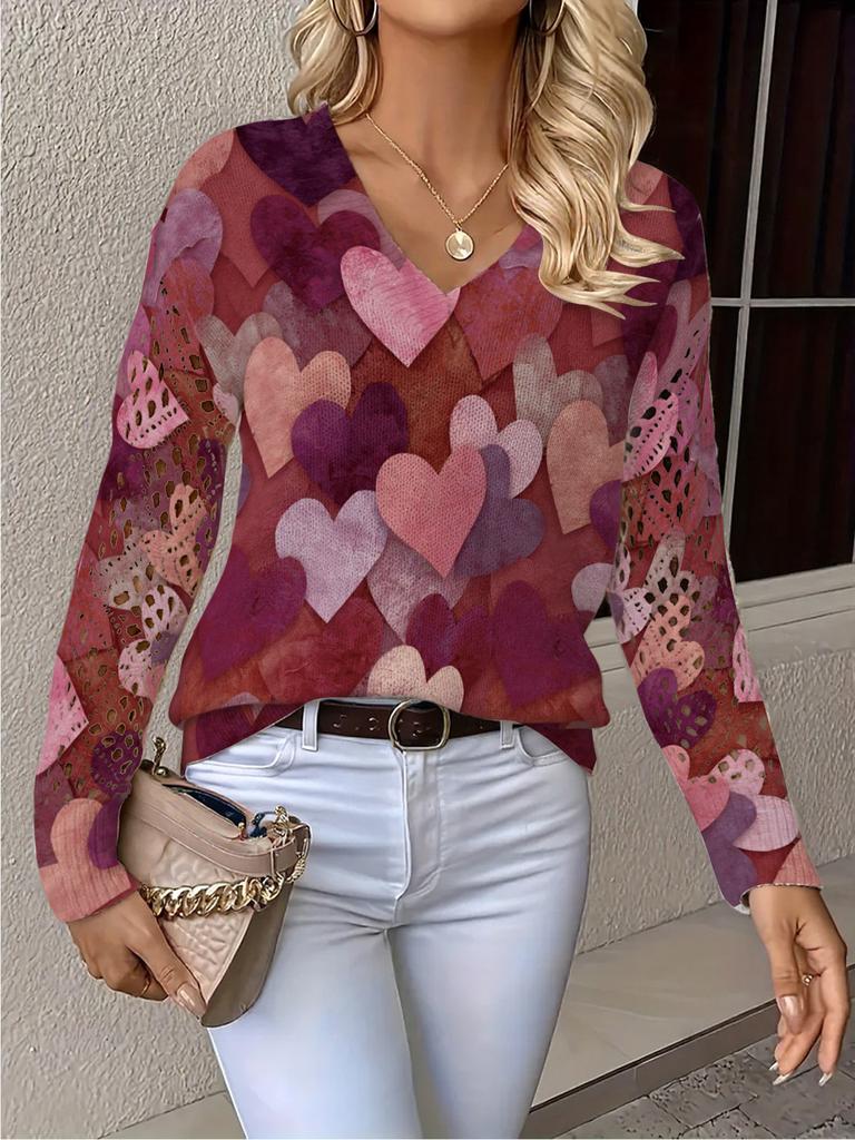 Neues bedrucktes V-Ausschnitt-Oberteil Damen beliebter Pullover Langarm Frühling und Herbst Pullover