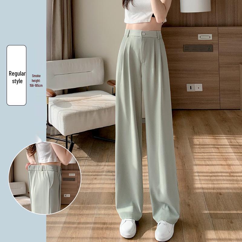 Women's 145cm Pink Ice Silk Wide-Leg High-Waist Pants - Petite, Summer, Thin, Straight Leg.