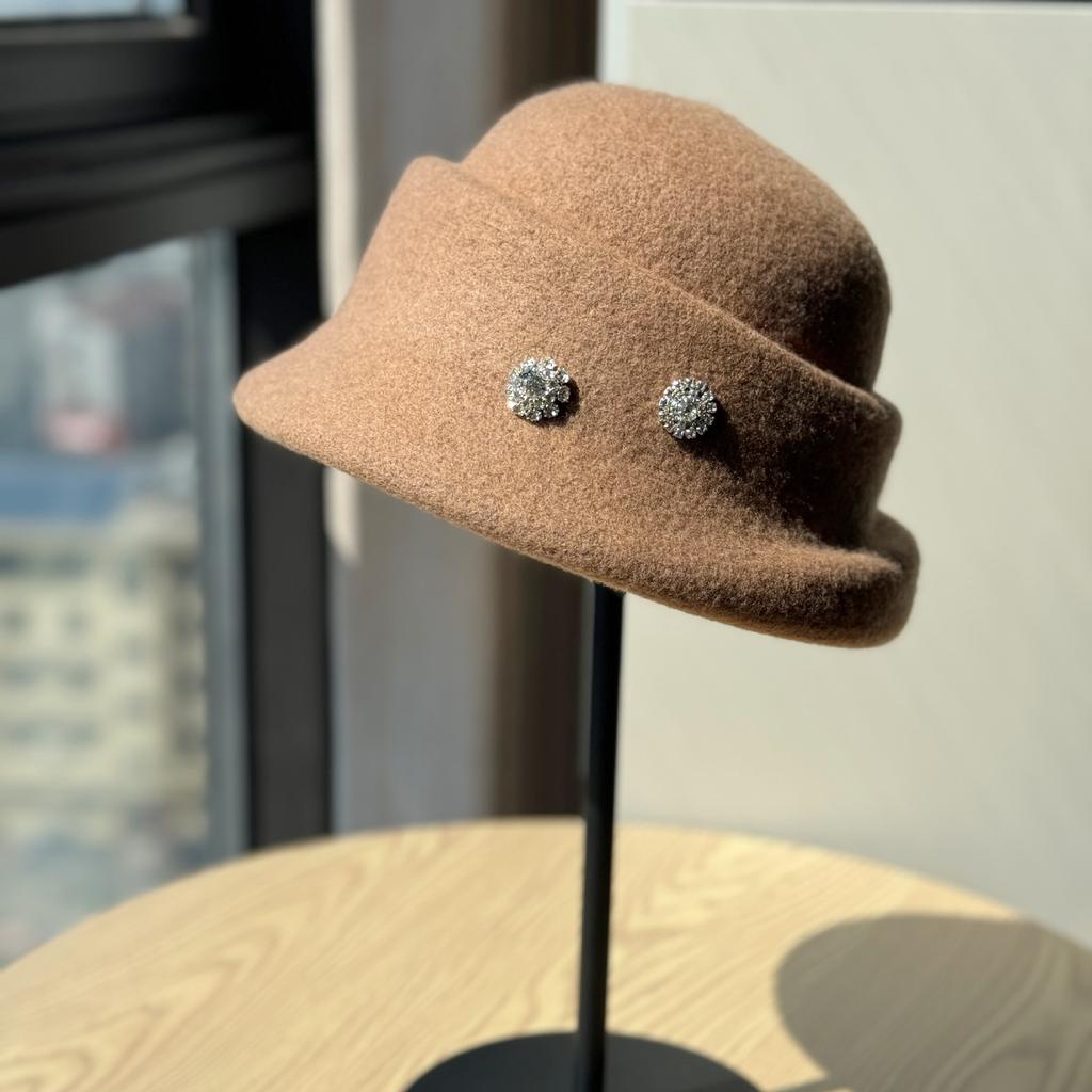 Ny Höst och Vinter Elegant Hög Hatt Dam Ull Strass Fiskarhatt Brittisk Retro All Match Varm Ryttarhatt