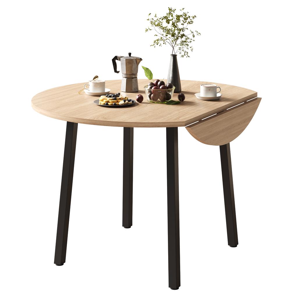 Folding Dining Table, 100 x 100 cm, suitable for 2-4 people, round, metal legs, foldable tabletop, suitable for small apartments, oak color