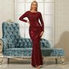 Cross-Border European and American High-End Long-Sleeved Elegant Round-Neck Sexy Long Sequined Evening Dress Bridesmaid Dress for Women