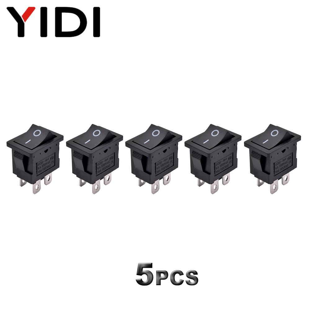 

5pcs/lot KCD1-104 Plastic LED Rocker Switch 6A 250VAC 4 Pin On Off DPST 12V 220V Red Lamp Black Latching Power Switch 15x21mm ON -OFF&NO Light