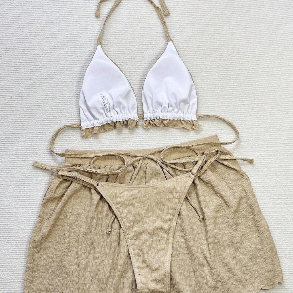Evropské a americké sexy třídílné bikini Speciální látka Plavky Dámské Jednobarevné Plážové oblečení Dovolenková plavka