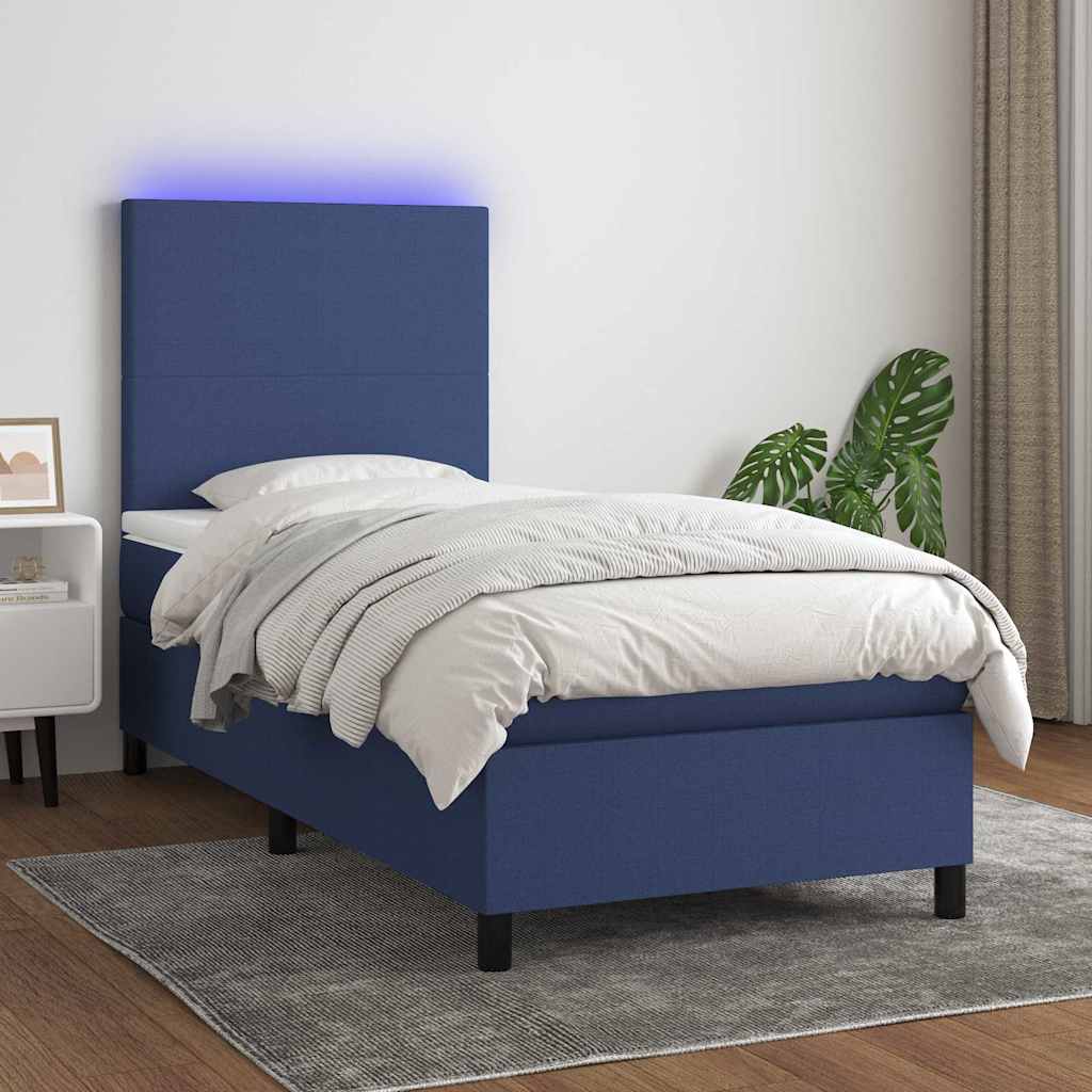 Box Spring Bed with Mattress & LED Blue 100x200 cm Fabric