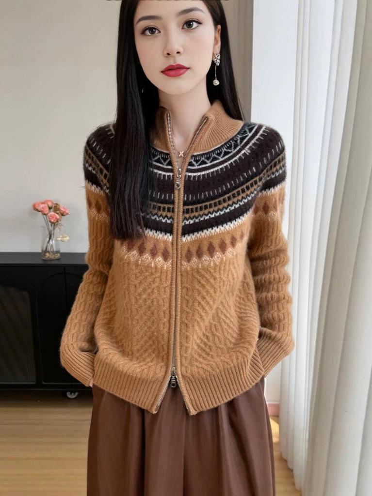 Women's Retro Zipper Wool Cardigan - Stylish Jacquard Knit for Autumn/Winter