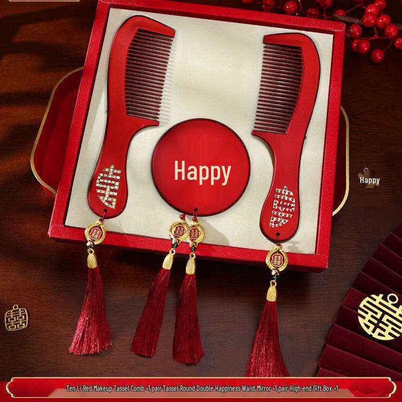 Elegant Bridal Gift Set: High-End Red Wedding Dowry with Mirror and Comb for Mother-in-Law