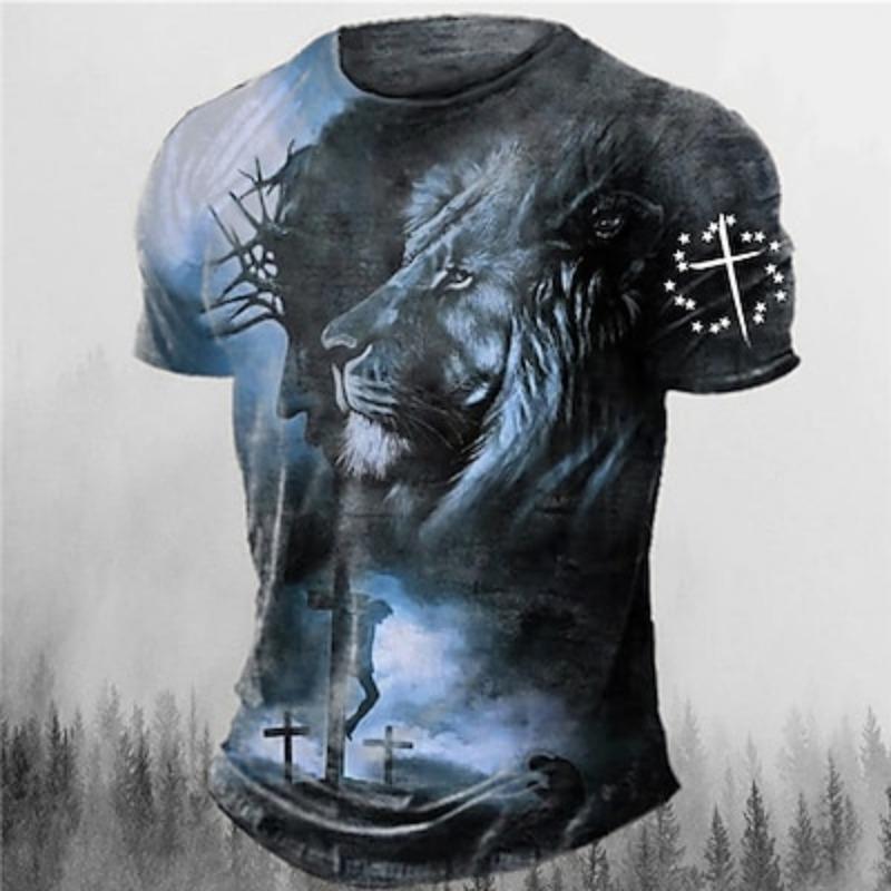 Men's Graphic Animal Lion Faith T Shirt Short Sleeve T Shirt 3D Print Crew Neck Shirt Vintage Fashion Designer Outdoor Daily Sports
