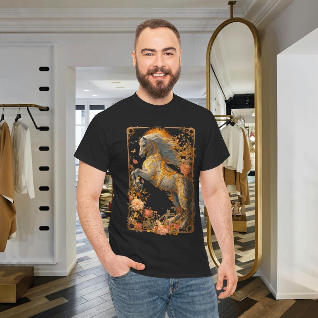 Golden Baroque Stallion T-Shirt Majestic Floral Horse Fantasy Art Graphic Tee