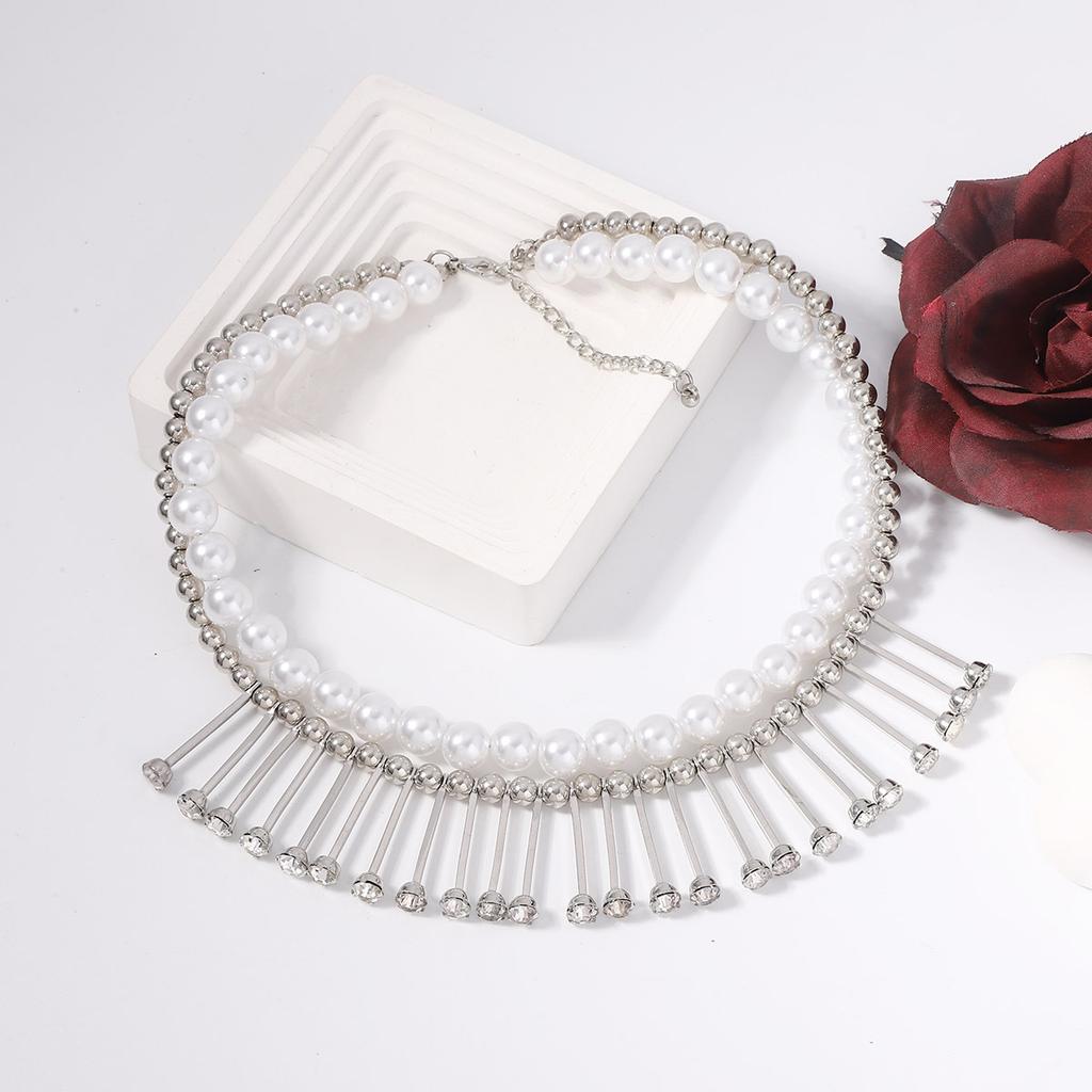 Exaggerated vintage double-layered wearing imitation pearl temperament tassel collar personalized trend model