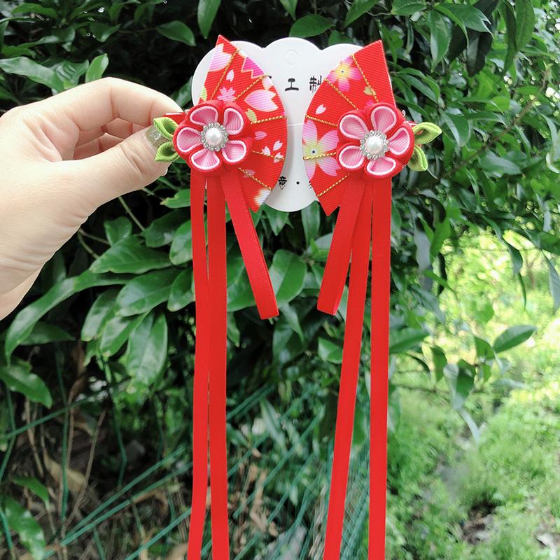 Japanese Kimono Fabric Flower Folding Fan Children Hair Accessories Clip Tassel Headwear Headdress Barrette