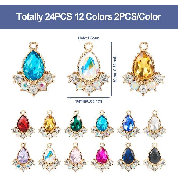 Cheriswelry 24Pcs Faceted Glass Teardrop Alloy Pendants Rhinestone Crystal Water Drop Dangle Charms 12 Colors 20x16x5mm for Necklace Bracelet Earring