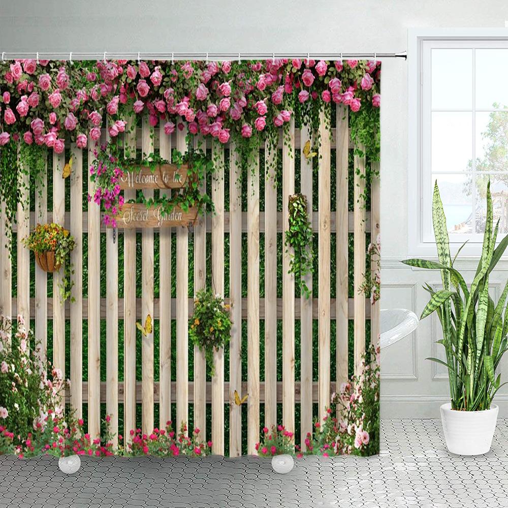 Spring Rural Landscape Shower Curtains Set Pink Flowers Tree Forest Natural Floral Green Plant Scenery With Hooks Bathroom Decor