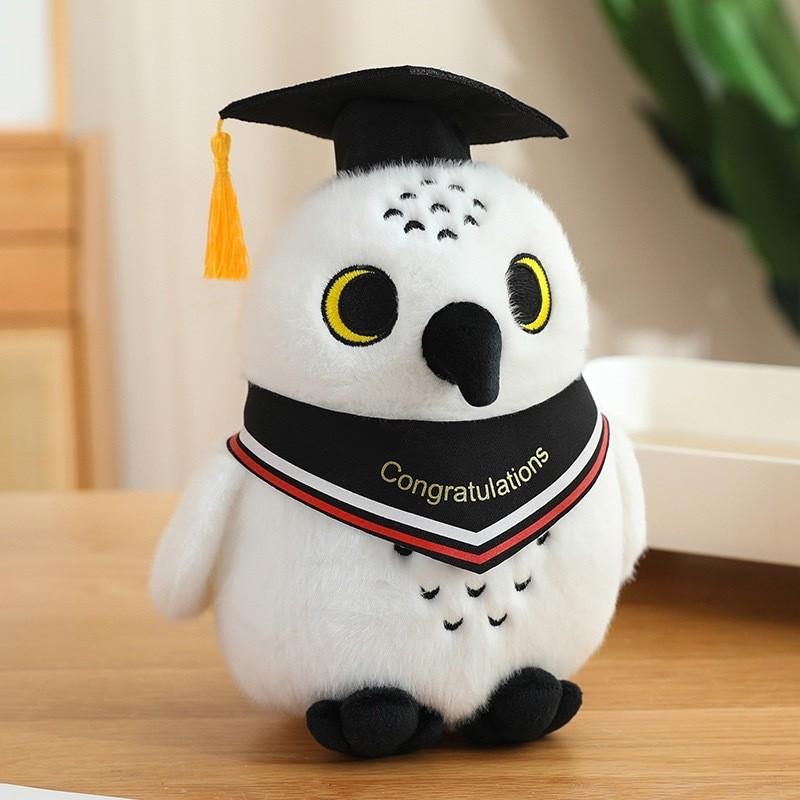 Plush Graduation Owl Toy  Doctoral Cap Embroidered Logo Academic Gift Keepsake