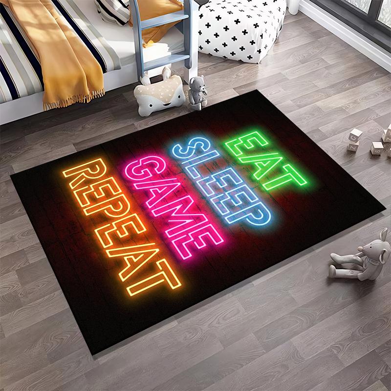 Neon Style Carpet with "Eat Sleep Game Repeat" Text Print Design Suitable for use as an anti-slip for living room bedroom sofas