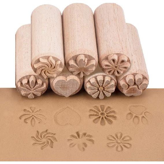 OLYCRAFT 7 шт. 2x0,8 дюйма Деревянные глиняные инструменты Штампы Штамп-столбик для полимерной глины Деревянные штампы Круглый глиняный штамп со смешанными узорами для глины и
