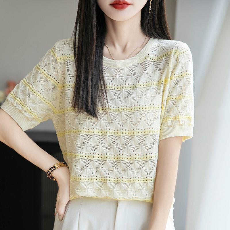 Summer Women's Knitted Short Sleeve T-shirt Round Neck Hollow T-shirt Loose Knitted Shirt Top