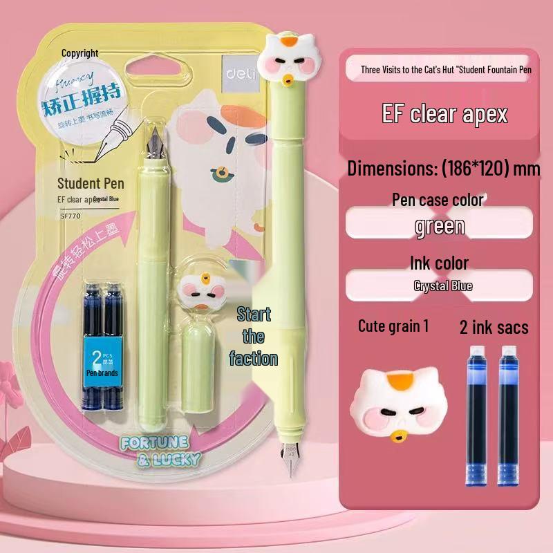 Deli SF545 Crystal Blue Fountain Pen, Ink Blue, Quick-Drying, Black EF Fine Nib for Primary School Students. EF Nib