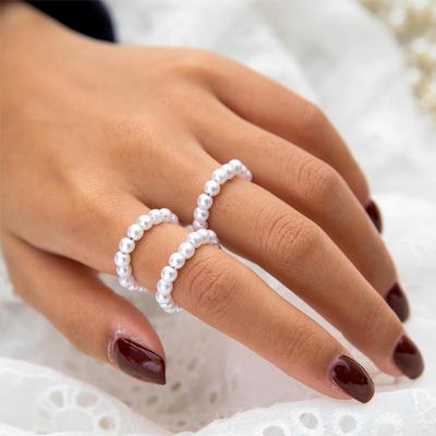 Simple Jewelry, Pearl Three-piece Ring Set, French Elegant Beaded Open Ring Set.