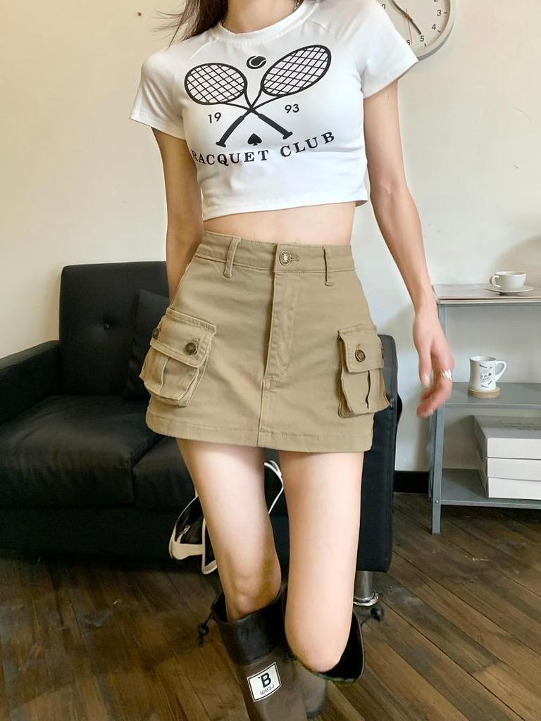 Khaki džínová sukně áčkového střihu s vysokým pasem pro ženy - Americký retro styl, Design boků proti odhalování pro trendy dívky