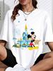 Women Black Oversized Graphic T-Shirt, Castle Fireworks Print Short Sleeve Tee, Summer Casual Top