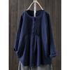 Loose Cotton and Linen Long Sleeved Women's Round Neck Women's Shirt
