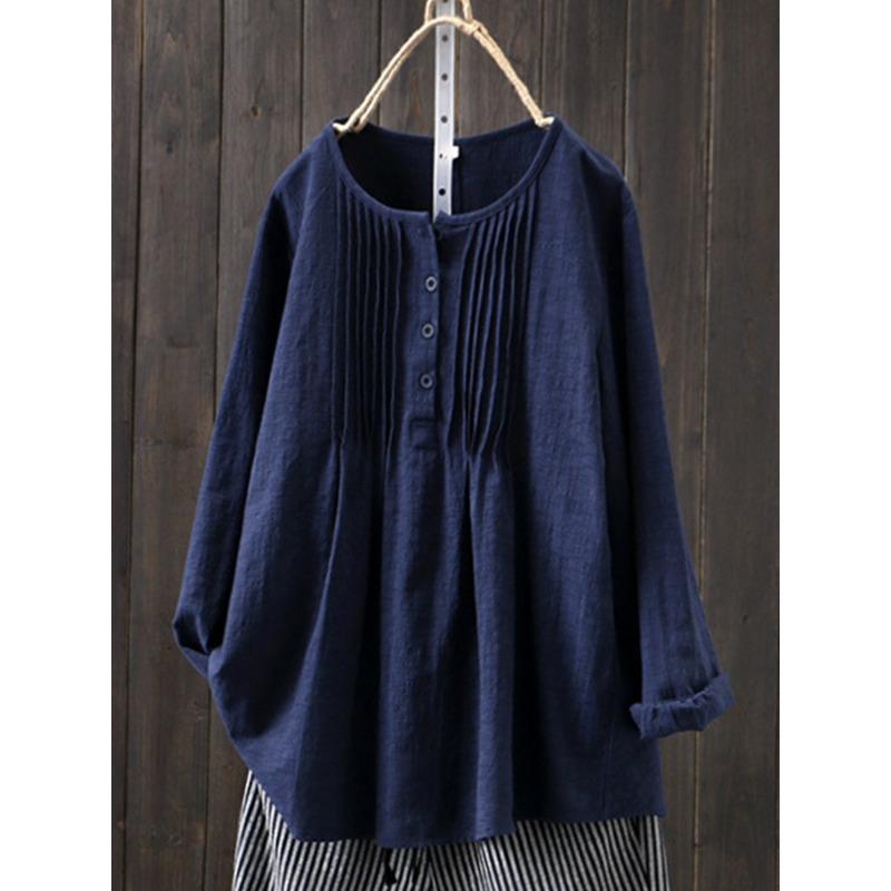 Loose Cotton and Linen Long Sleeved Women's Round Neck Women's Shirt