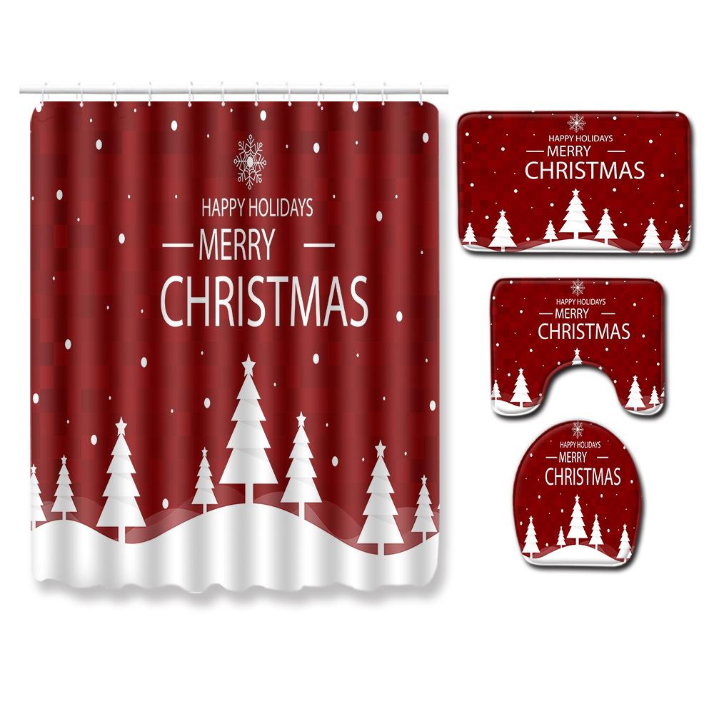 Christmas Waterproof Shower Curtain Four-Piece Combination Floor Mat Entrance Door Mat Bedroom Living Room Carpet