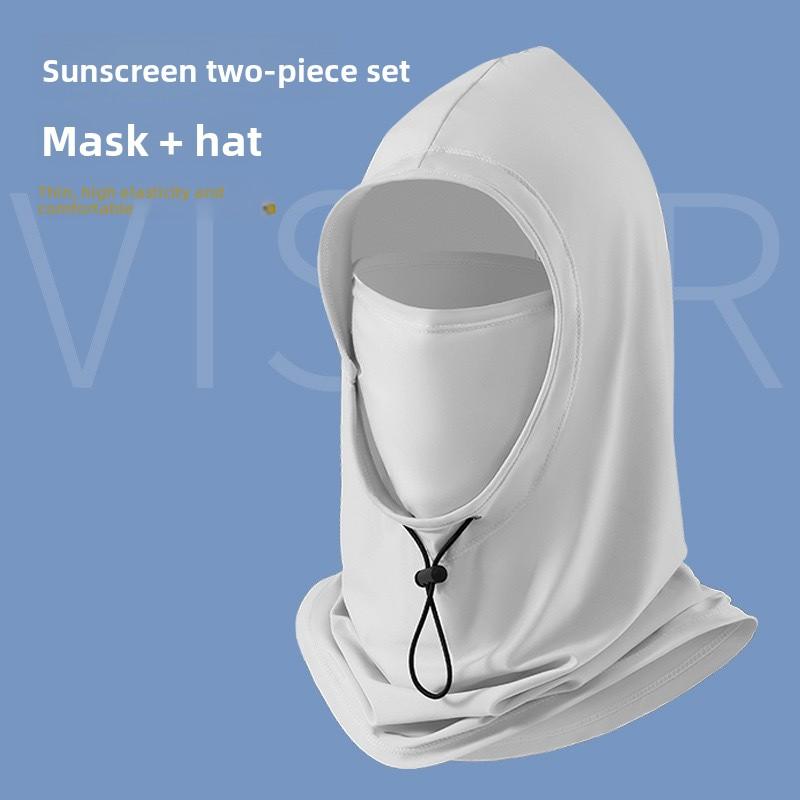 Summer sun protection hat with ice silk face mask, full-face head cover and neck protector for men and women, breathable nylon outdoor accessory