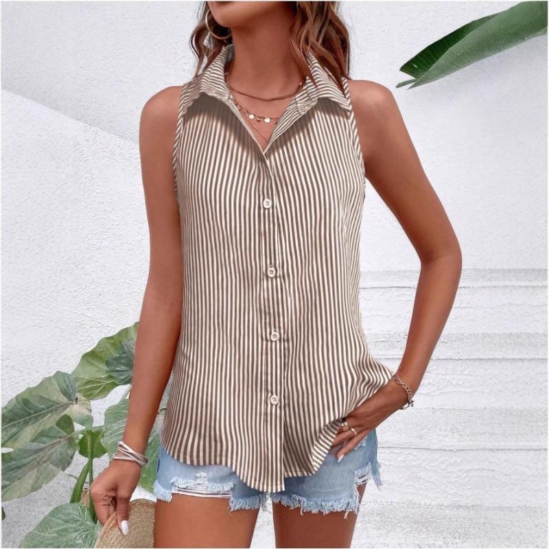 Camisa de Mujer de Verano sin Mangas Holgada a Rayas Elegante Blusa de Oficina Moda Casual Sencilla Dulces Tops Cuello Solapa Ajustado Ropa Streetwear