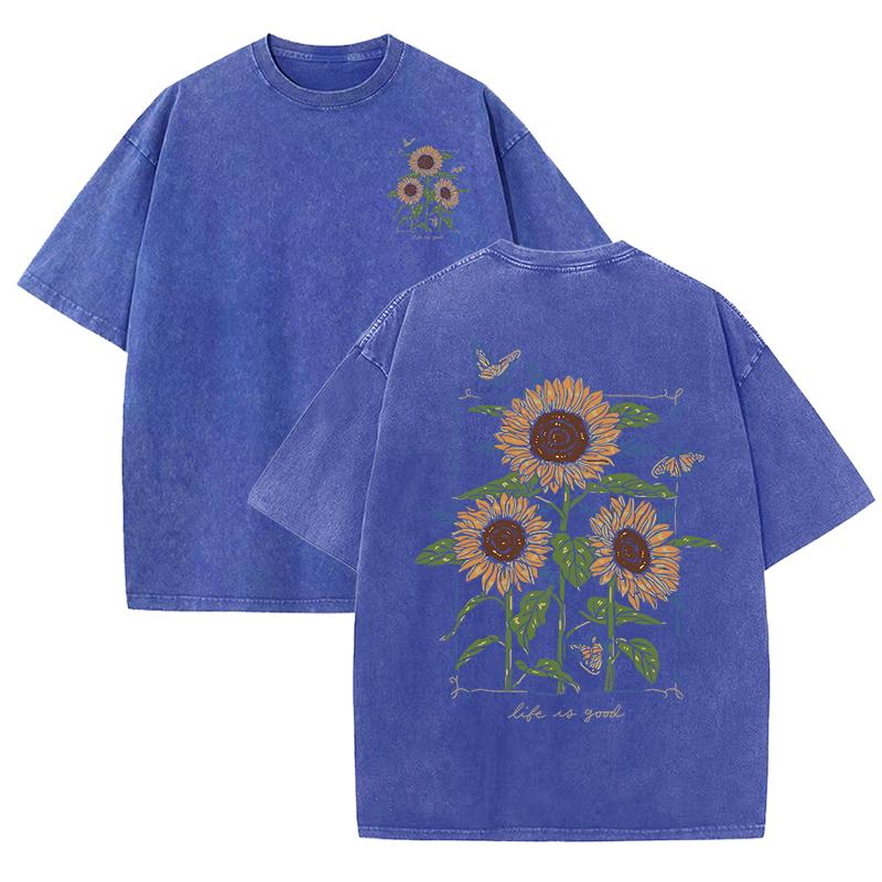 Lift Is Good Beautiful Sunflower Print Washed T Shirts Women Soft Cotton T-Shirt Street Creative Short Sleeve Summer Tops