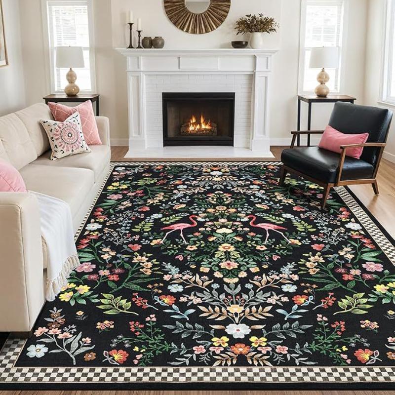 Boh Rural Style Plants and Flowers Print Large Area Rug Design Non-Slip Carpet for Living Room Bedroom Soft Floor Mat Home Decor