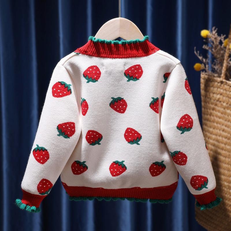 Girls Knitted Cardigan Button V-Neck Sweater With Cute Strawberry Jacquard Kids Long Sleeve Sweater
