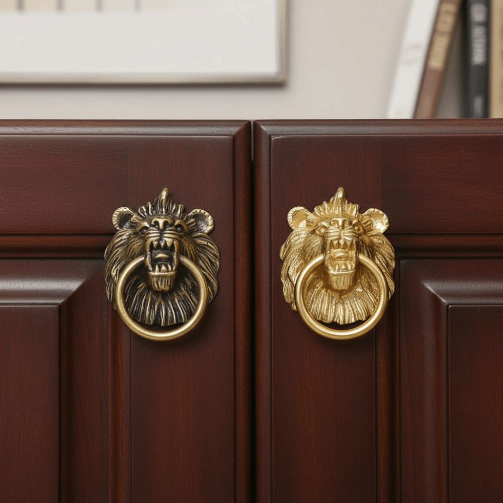Retro Cabinet Door Knobs Vintage Wardrobe Drawer Pulls Lion Head Knob Brass Handle Furniture